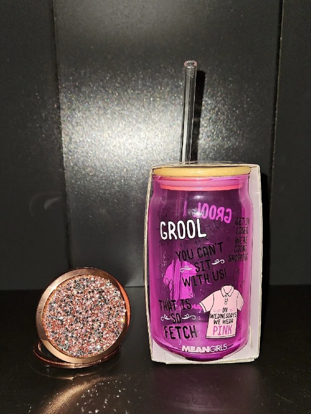 Mean Girls Pink Glass Tumbler Can with Glass Straw